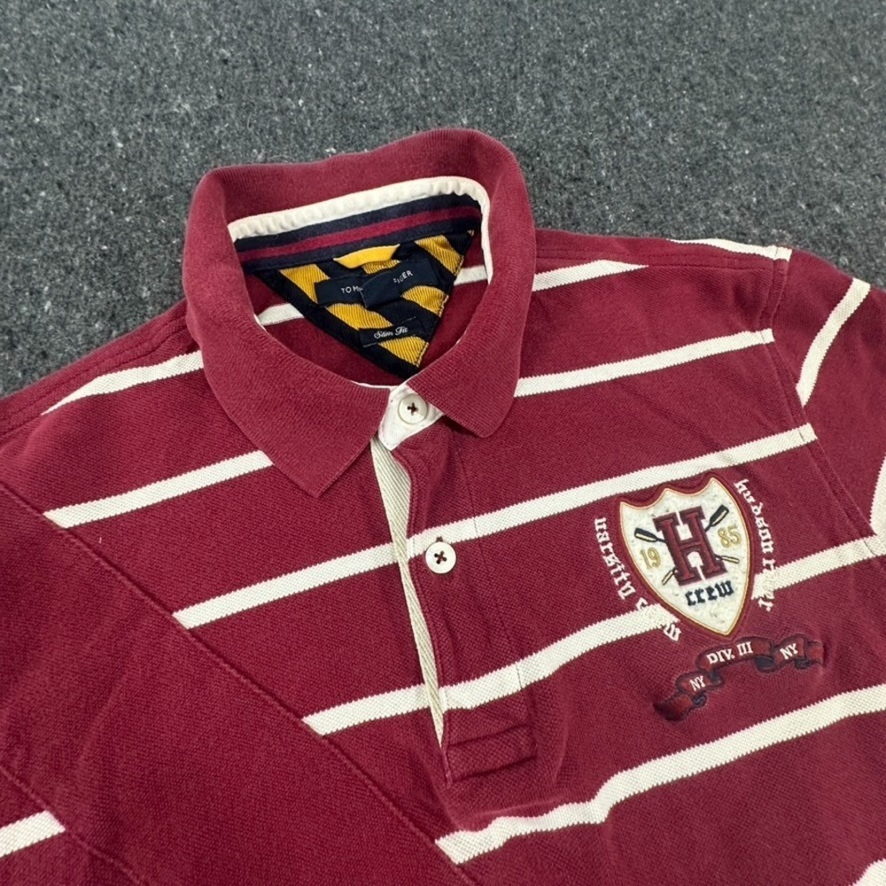 Tommy Hilfiger Polo Shirt Men Large Maroon Rowing Striped Slim Fit Crest Logo